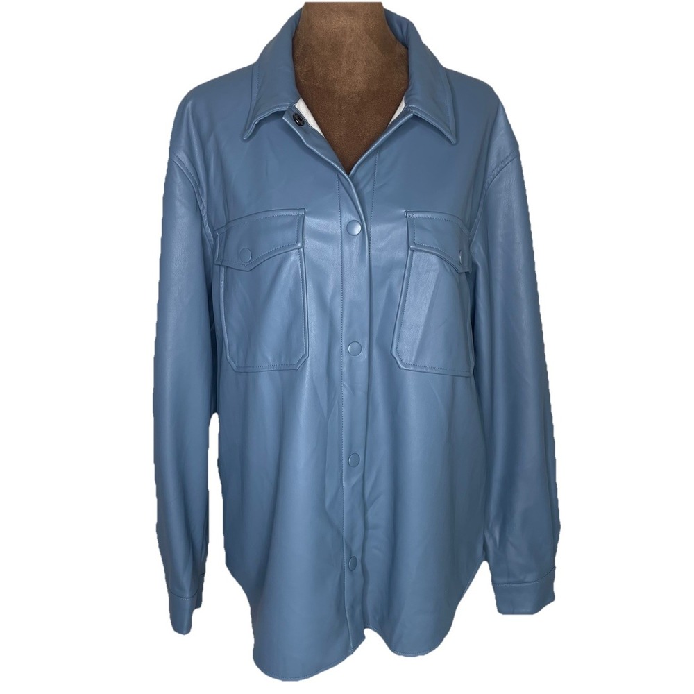 Womens Blue Faux Leather Shirt Jacket- size Large-Snap Collared Shacket